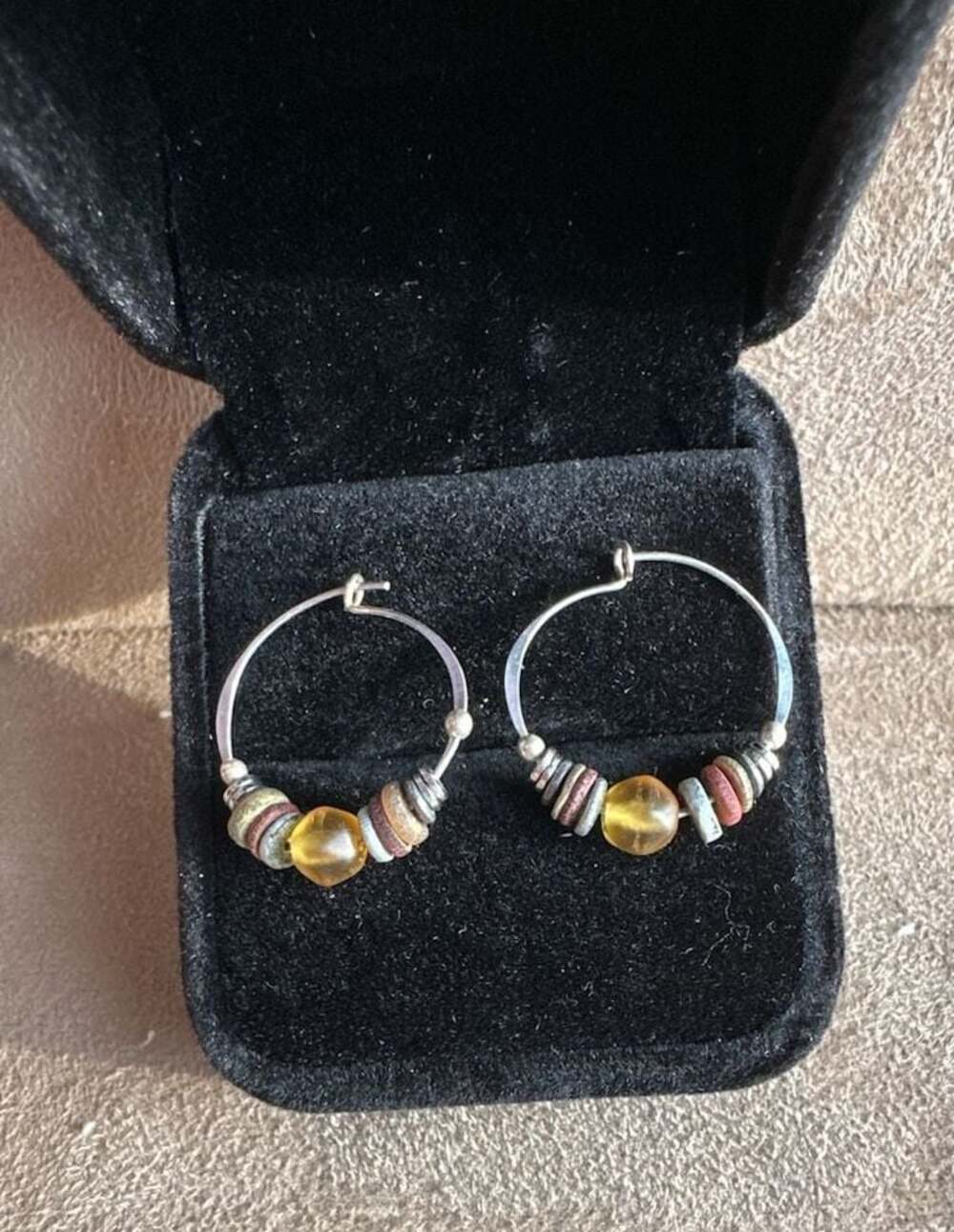 Bohemian Style Hoop Earrings with Amber-Tone Glass and Earth-Tone Beads